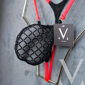 Timon See Thru Neon Coral Black Stockings See Thru MV-YOVV5 Micro Mini Bulge Mens Tanga String - Handmade Men Underwear Swimwear