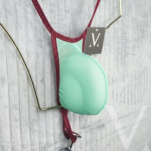 Può includere: Un capo di lingerie verde menta con finiture e spalline bordeaux. L'indumento è appeso a un gancio di metallo color oro. Un'etichetta con un logo "V" stilizzato è attaccata.