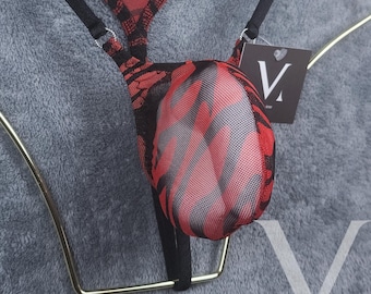 Timon Mesh See Thru Zebra Red MV-2NXCR Micro Mini Bulge Mens Tanga String - Handmade Men Underwear Swimwear