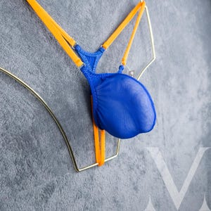 Timon Sapphire Orange Mesh MV-5FNDC See Thru Micro Mini Bulge Mens Tanga String - Handmade Men Underwear Swimwear