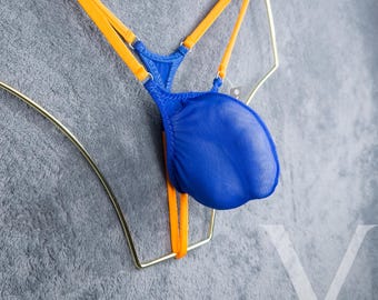 Timon Sapphire Orange Mesh MV-5FNDC See Thru Micro Mini Bulge Mens Tanga String - Handmade Men Underwear Swimwear