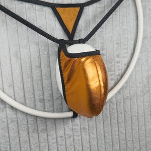 Può includere: Un intimo a sacchetto color rame metallizzato con design a perizoma, caratterizzato da sottili cinturini elastici neri e bordini neri. Il capo presenta un pannello frontale triangolare e una sezione a sacchetto arrotondata e sagomata.