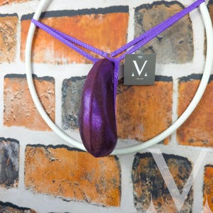 Op de afbeelding: Een paarse, metallic string hangt in een witte cirkelvormige lijst. De string is aan het frame bevestigd met dunne, kruisende paarse bandjes. Een klein label met een gestileerd "V"-logo hangt aan de bandjes. De achtergrond is een bakstenen muur.