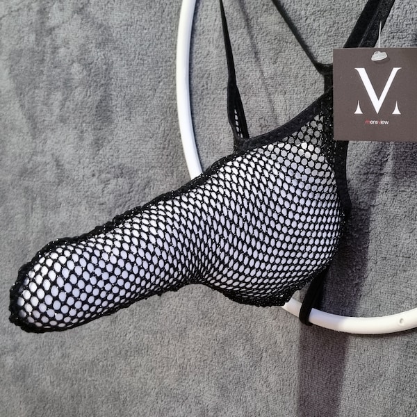 Eros Mesh Black Glitter MV-722D7 Rocket Shaft See Thru Mens String - Handmade Men Underwear Swimwear