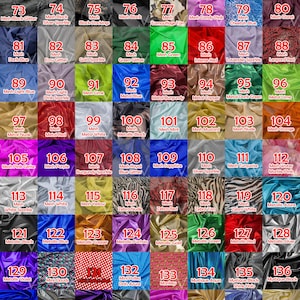May include: A fabric color chart with various mesh and metallic options, including black, green, and purple. The chart displays a wide array of colors and textures, with labels such as "Pick Your Fabric / Color" and page numbers.