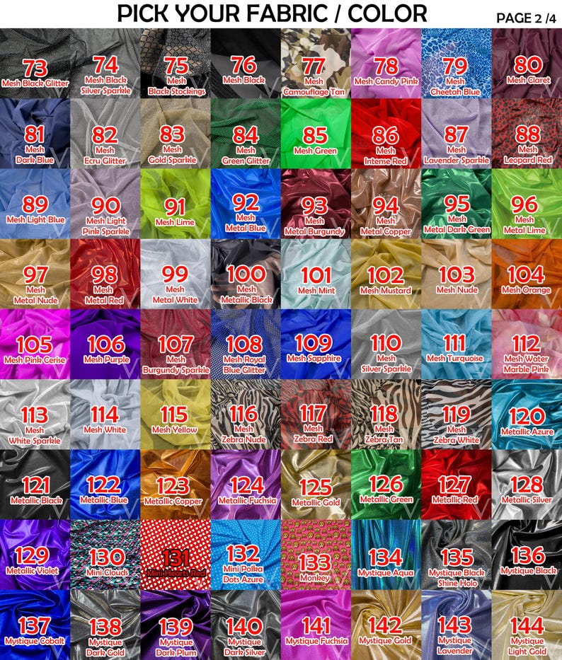 May include: A fabric color chart with various mesh and metallic options, including black, green, and purple. The chart displays a wide array of colors and textures, with labels such as "Pick Your Fabric / Color" and page numbers.