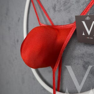 Pode incluir: Um close-up de uma roupa íntima vermelha estilo fio dental. A peça é feita de um tecido liso e brilhante e apresenta um design semelhante a uma bolsa. As alças são finas e delicadas. Uma etiqueta com a letra "V" está anexada.