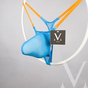 Xeno Mesh Blue Orange MV-0EYP7 Coney Bulge Mens Pouch Tanga Y-Thong - Handmade Men Underwear Swimwear