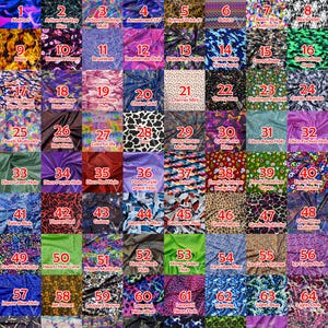 May include: A fabric and color selection chart with 72 different patterns and colors. The image includes a variety of designs, such as animal prints, geometric patterns, and abstract designs. The text "PICK YOUR FABRIC / COLOR" is at the top.