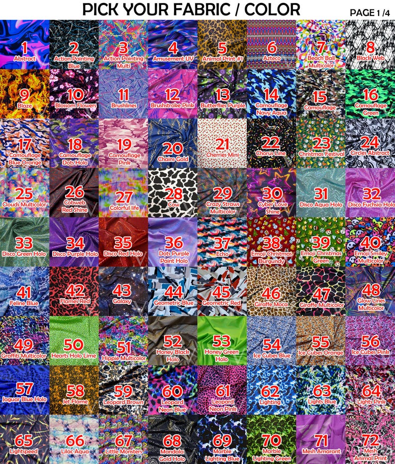 May include: A fabric and color selection chart with 72 different patterns and colors. The image includes a variety of designs, such as animal prints, geometric patterns, and abstract designs. The text "PICK YOUR FABRIC / COLOR" is at the top.