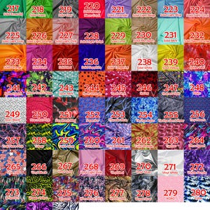 May include: Fabric color chart with various solid and patterned fabric swatches. Colors include emerald, green, grey, neon coral, lavender, beige, light blue, coral, light grey, orange, pink, violet, lime, marzipan, mint, and neon orange.