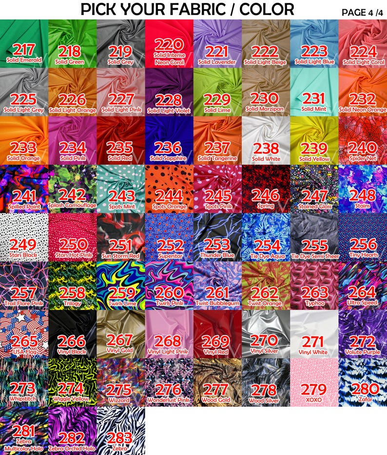 May include: Fabric color chart with various solid and patterned fabric swatches. Colors include emerald, green, grey, neon coral, lavender, beige, light blue, coral, light grey, orange, pink, violet, lime, marzipan, mint, and neon orange.