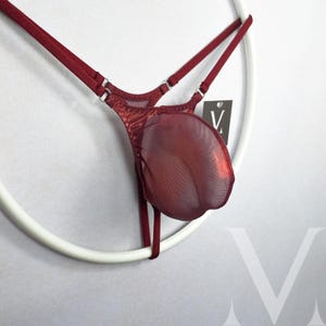 MV-857JH Timon Mesh Metallic Shine See Thru Burgundy Micro Mini Bulge Mens Tanga String - Handmade Men Underwear Swimwear