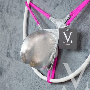 Timon Metallic Silver Pink MV-0DPKD Micro Mini Bulge Mens Tanga String - Handmade Men Underwear Swimwear