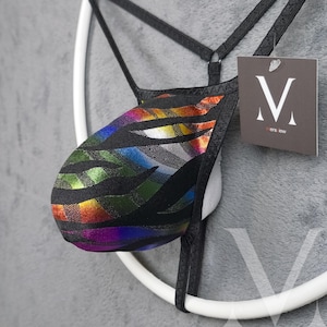 Theo Zebra Multicolor Holo MV-KC3UF Low Waist Bulge Mens String Tanga Thong Bikini - Handmade Men Underwear Swimwear