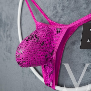 Theo Snakeskin Gloss Pink Azalea MV-8L8Z0 Low Waist Bulge Mens String Tanga Thong Bikini - Handmade Men Underwear Swimwear