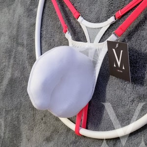 Timon Mesh White Metalic Shine Neon Coral MV-48TT9 Micro Mini Bulge Mens Tanga String - Handmade Men Underwear Swimwear