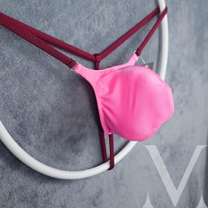 Timon Solid Candy Pink Burgundy MV-E9G9F Micro Mini Bulge Mens Tanga String - Handmade Men Underwear Swimwear