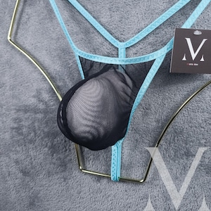 Troy See Thru Ausbuchtung Maschen Schwarz Tornado Blau MY75NT Verbesserte Ausbuchtung Herren String Triangle Tanga String - Handgemachte Herren Unterwäsche Bademode