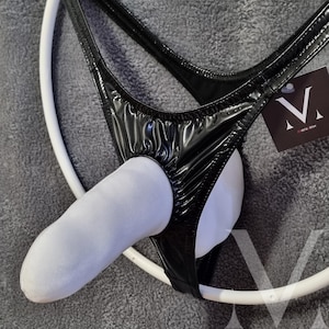Helios Black Vinyl PVC MV-821DA Mini Ouvert Crotch Mens Thong - Handmade Men Underwear Swimwear