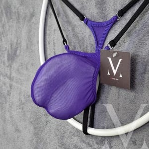 Timon See Thru Violet Black MV-T8PTB Micro Mini Bulge Mens Tanga String - Handmade Men Underwear Swimwear
