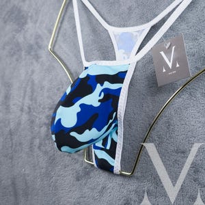 Theo Camouflage #3 Navy Aqua White MV-9Y2PM Low Waist Bulge Mens String Tanga Thong Bikini - Handmade Men Underwear Swimwear