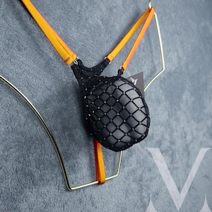 Timon Black Orange Stockings See Thru MV-7J119 Micro Mini Bulge Mens Tanga String - Handmade Men Underwear Swimwear