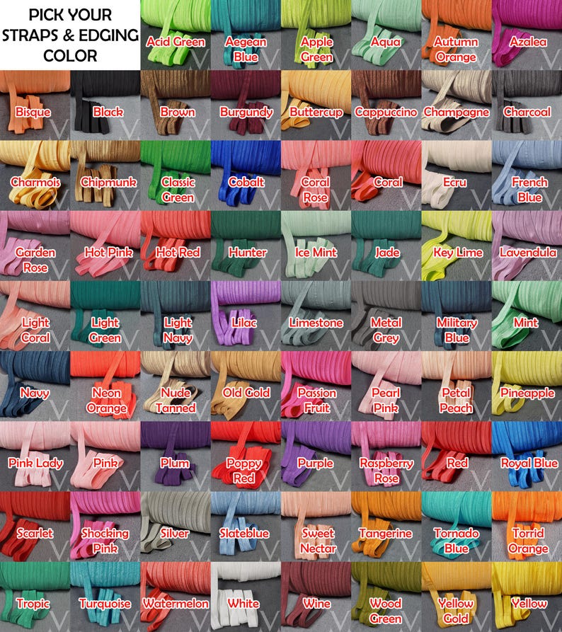 May include: A color chart displaying a wide array of strap and edging colors. The chart includes colors such as black, white, red, blue, green, and many more. Text at the top reads "Pick Your Straps & Edging Color."