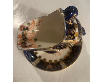 Hokutosha Occupied Japan Porcelain Sugar Scuttle Saucer Set Imari Cobalt Gold