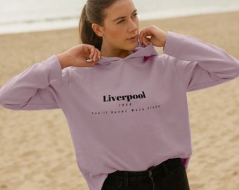Hoddie à slogan graphique Liverpool pour femmes - Cordon de serrage avec poche - Haut respectueux de l'environnement à manches longues en coton biologique