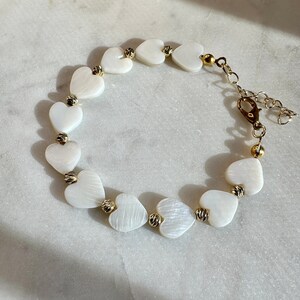 Mother of Pearl Bracelet, Heart White Beaded Bracelet, Stainless Steel Adjustable Clasp, Gift for Her