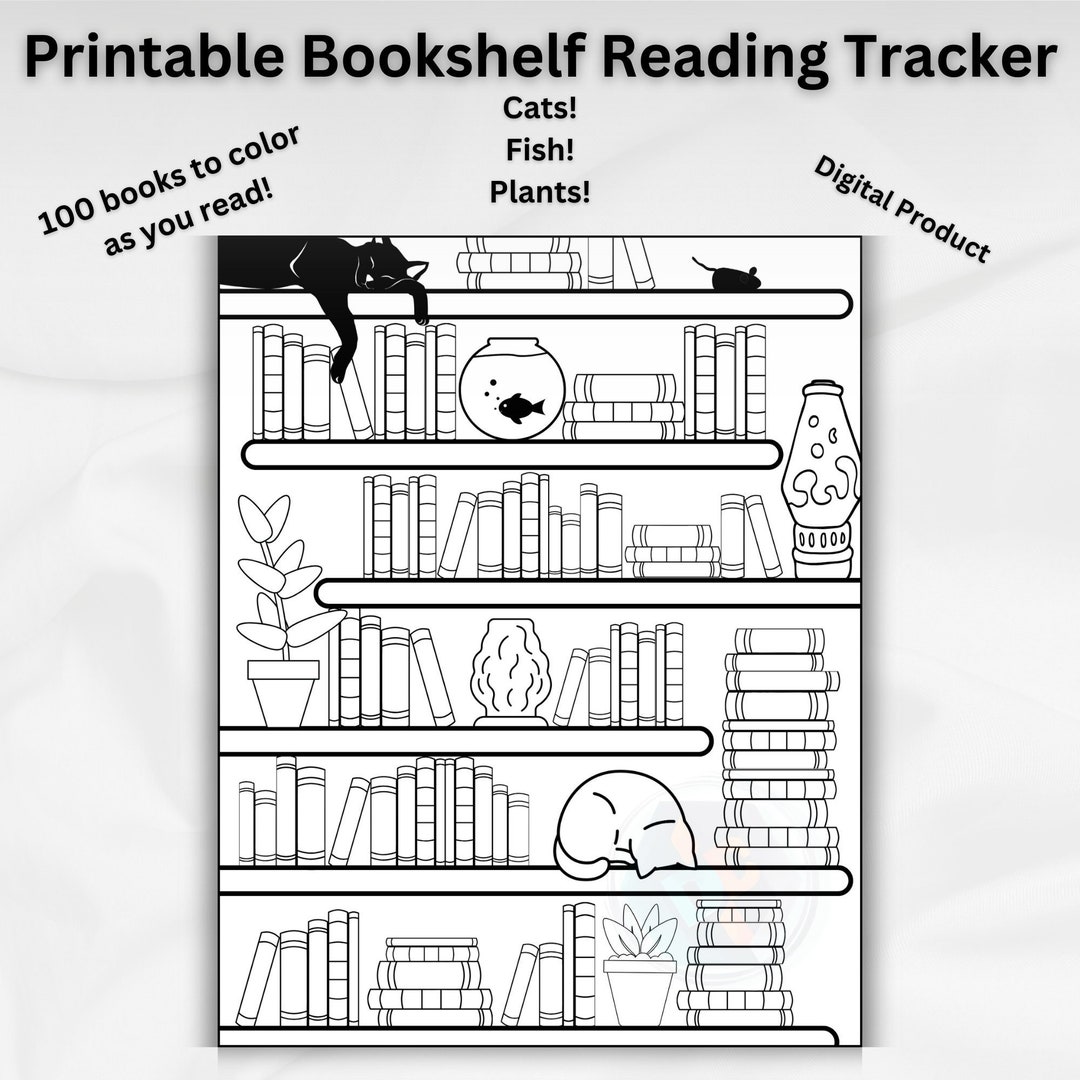 100book Printable Bookshelf for Coloring With Sleeping Cat Etsy