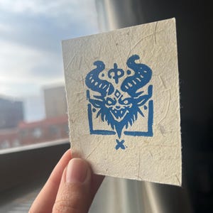 Original Linocut Print ‘Devilish’ - 3x2.5in wall art | Handmade block print