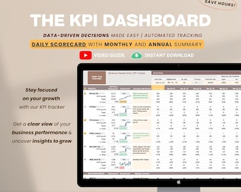 Business Performance Tracker KPI Dashboard - Daily tracker with monthly and annual summary. The CEO Scorecard to grow your business.