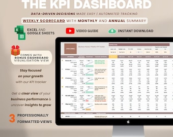 Business Performance Tracker KPI Dashboard - Weekly tracker with monthly & annual summary | The CEO Scorecard | Excel and Google Sheets