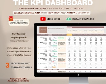 Business Performance Tracker KPI Dashboard - Weekly tracker with monthly and annual summary. The CEO Scorecard to grow your business.