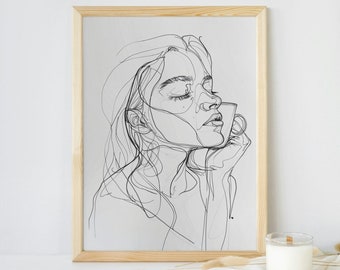 Woman with coffee, One line drawing, Romantic Wall Art, Sensual Art Print, Gallery Wall Art, single line art, woman modern female line art