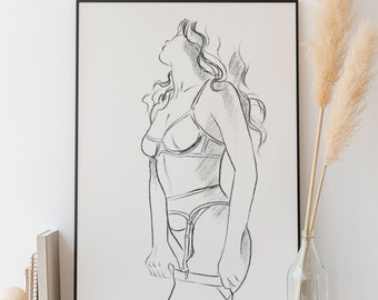 Romantic Wall Art Sensual Art Print, Sensual Body Art, Gallery Wall Art, Woman Art With Stocking, Sensual Lingeries, Erotique Wall Art