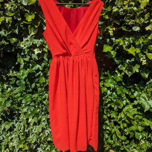 Red midi mock-wrap sleeveless dress, Elegant red cocktail dress