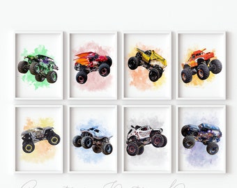 Set Of 8 Art Print Monster Truck Poster Kids Room Nursery Decor Monster Truck Wall Art Boys Room Truck Wall Art