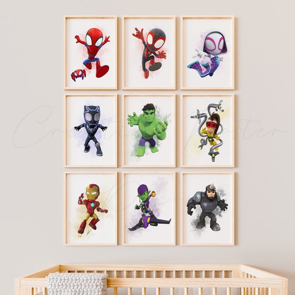 9er-Set Spidey Friends Poster Superheld Spidey Friends Wandkunst Digitaldruck Hulk Black Panther Spidey Miles Ghost Iron Man Druck