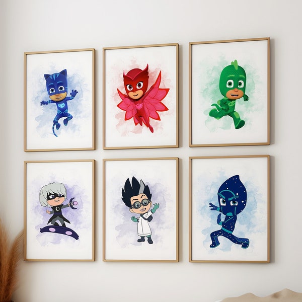 Set of 6 PJ Mask Print Superhero Watercolour Poster Wall Art Nursery Kids PJ Masks Wall Art Digital Printable