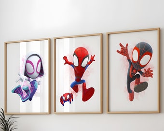 Spidey en vrienden poster set van 3 Spiderman kinderkamer kunst Ghost Spidey, Miles Morales, Spin superheld Wall Art Kids Wall Art digitale print