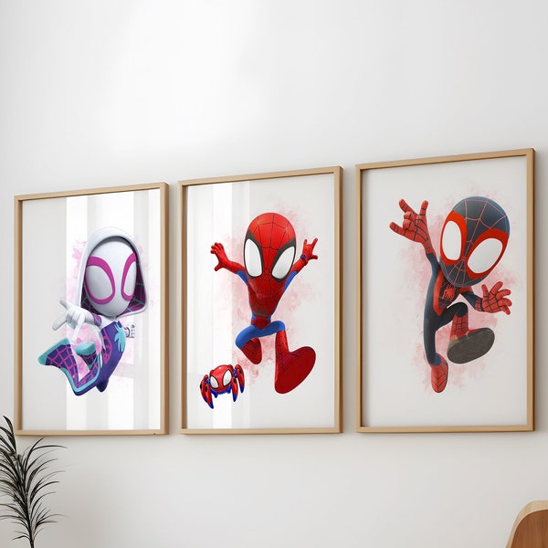 Spidey en vrienden poster set van 3 Spiderman kinderkamer kunst Ghost Spidey, Miles Morales, Spin superheld Wall Art Kids Wall Art digitale print