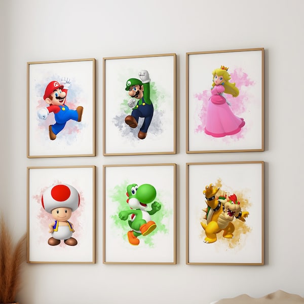 Set of 6 Mario Bro Poster Set Print Superhero Watercolour Poster Wall Art Nursery Poster Mario Luigi Toad Yoshi Posters Mario Game Poster