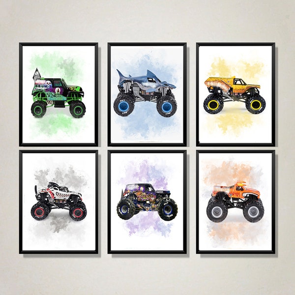 Set Of 6 Art Print Monster Truck Poster Kids Room Nursery Decor Monster Truck Wall Art Boys Room Car Wall Art Birthday Gift