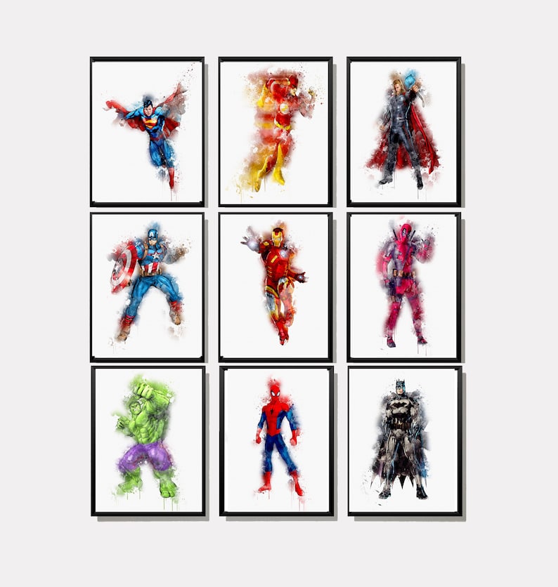 Superhero Set of 9 Art Print Superhero Avengers Watercolor Poster