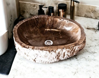 Natural Petrified Fossilized Wood Sink,Natural Brown Color Washbasin , Rustic Stone Furniture, Petrified Wood Washbasin.