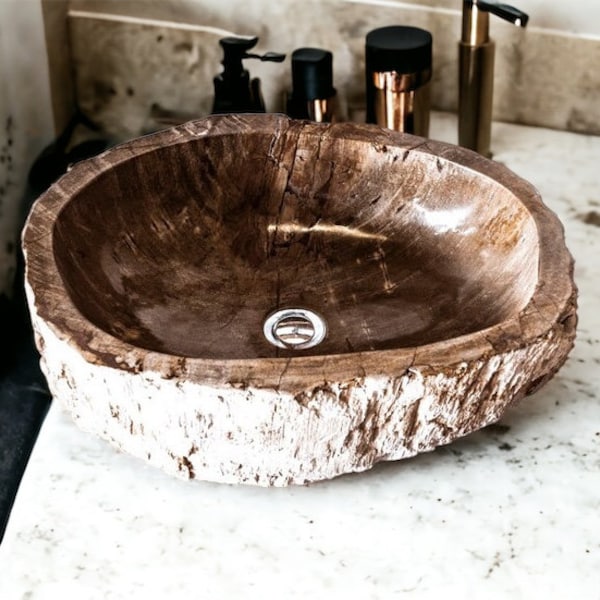 Natural Petrified Fossilized Wood Sink,Natural Brown Color Washbasin , Rustic Stone Furniture, Petrified Wood Washbasin.