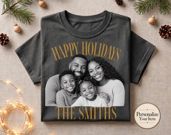Custom Family Photo Christmas T-Shirt: Personalized Name, Matching Adult and Kids Sizes, Comfort Colors®
